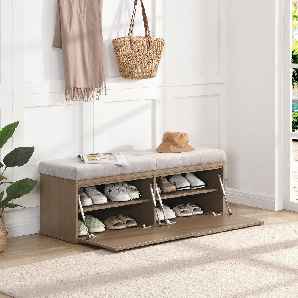 49" Shoe Storage Bench Entryway Shoe Cabinet Storage Ottoman Padded Seat Cushion Double Doors Entryway Hallway and Bedroom