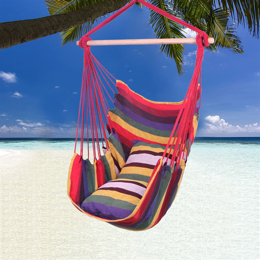 Distinctive Cotton Canvas Hanging Rope Chair With Pillows Rainbow Durable Long Lasting Wear-resistant Construction