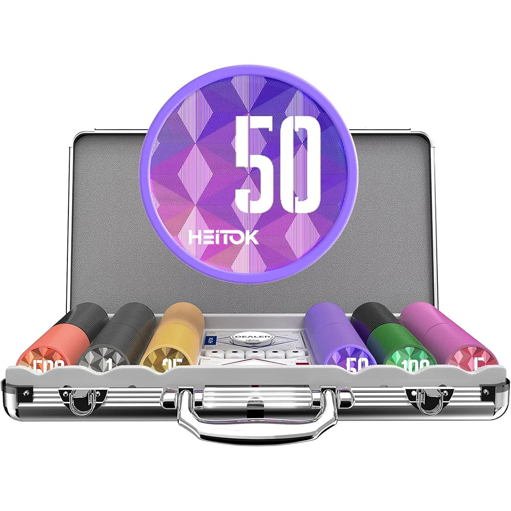 300pcs Casino Poker Chip Set with Denominations, 11.5g Weighted Chips, 5 Dice, 2 Decks, Compact Aluminum Case for Texas Hold'em
