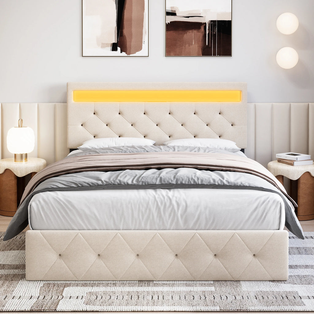 Full Bed Frame with LED Lights Headboard, LED Bed Frame with Fast-Charging USB Port, Upholstered Platform Bed Frame,Easy Assembl