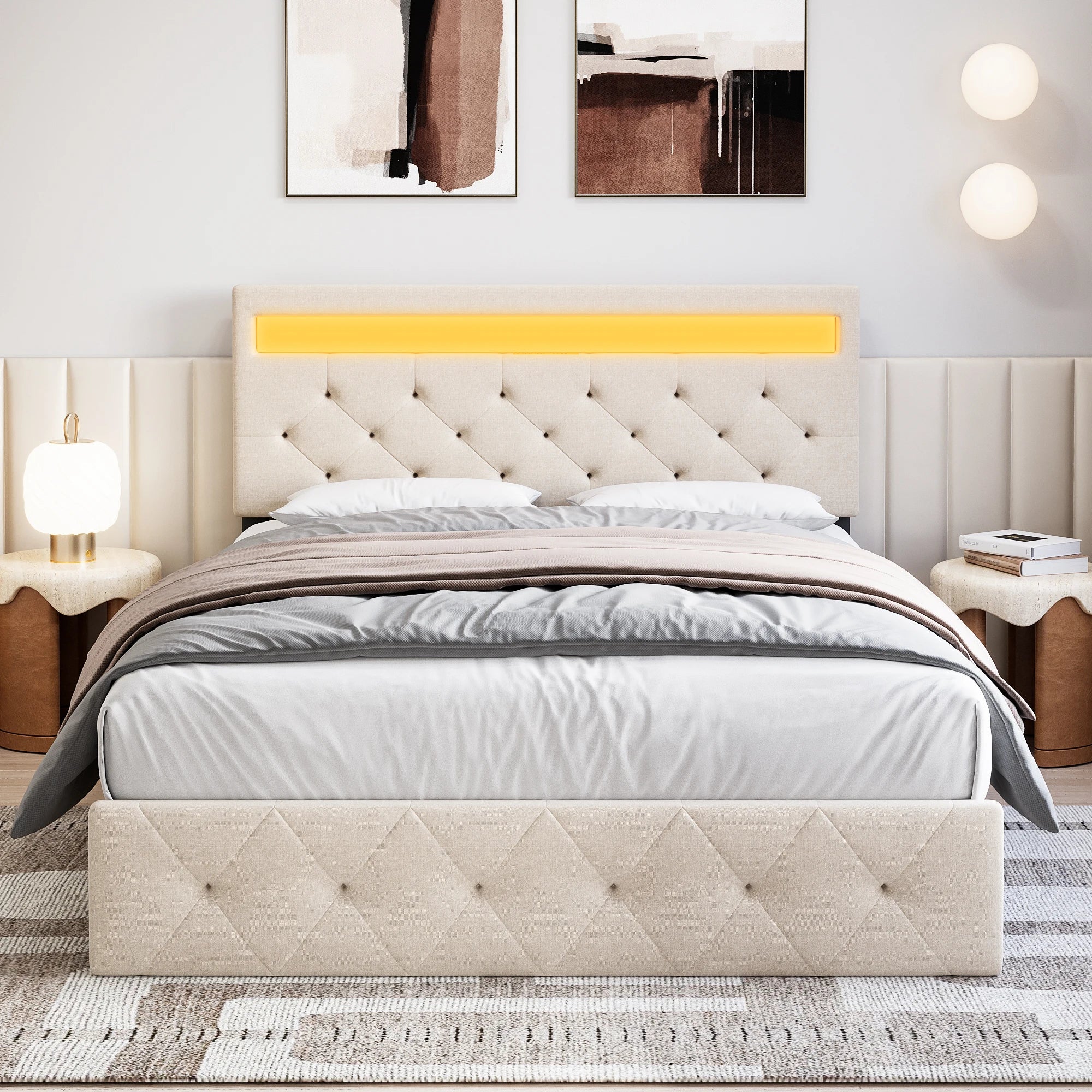 Full Bed Frame with LED Lights Headboard, LED Bed Frame with Fast-Charging USB Port, Upholstered Platform Bed Frame,Easy Assembl