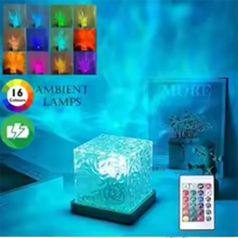 Lámpara de mesa recargable HOMEFISH RGB de 16 colores con control remoto, proyector de olas oceánicas y aurora boreal para la decoración del dormitorio.