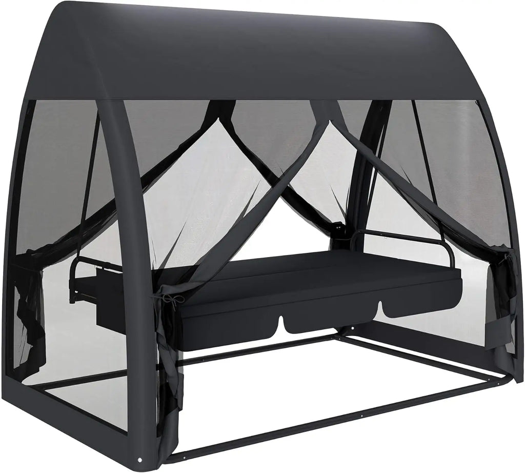 3-Seat Patio Swing Chair, Porch Swing Bed With Convertible Backrest, Cushion, Canopy, Side Pocket & Mesh Netting For Patio,