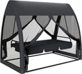 3-Seat Patio Swing Chair, Porch Swing Bed With Convertible Backrest, Cushion, Canopy, Side Pocket & Mesh Netting For Patio,