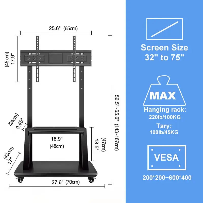 Rolling TV Cart, Height Adjustable Floor TV Stand for 32-70 Inch Screens up to 176.37 lbs, Mobile TV Stand with Rolling Casters