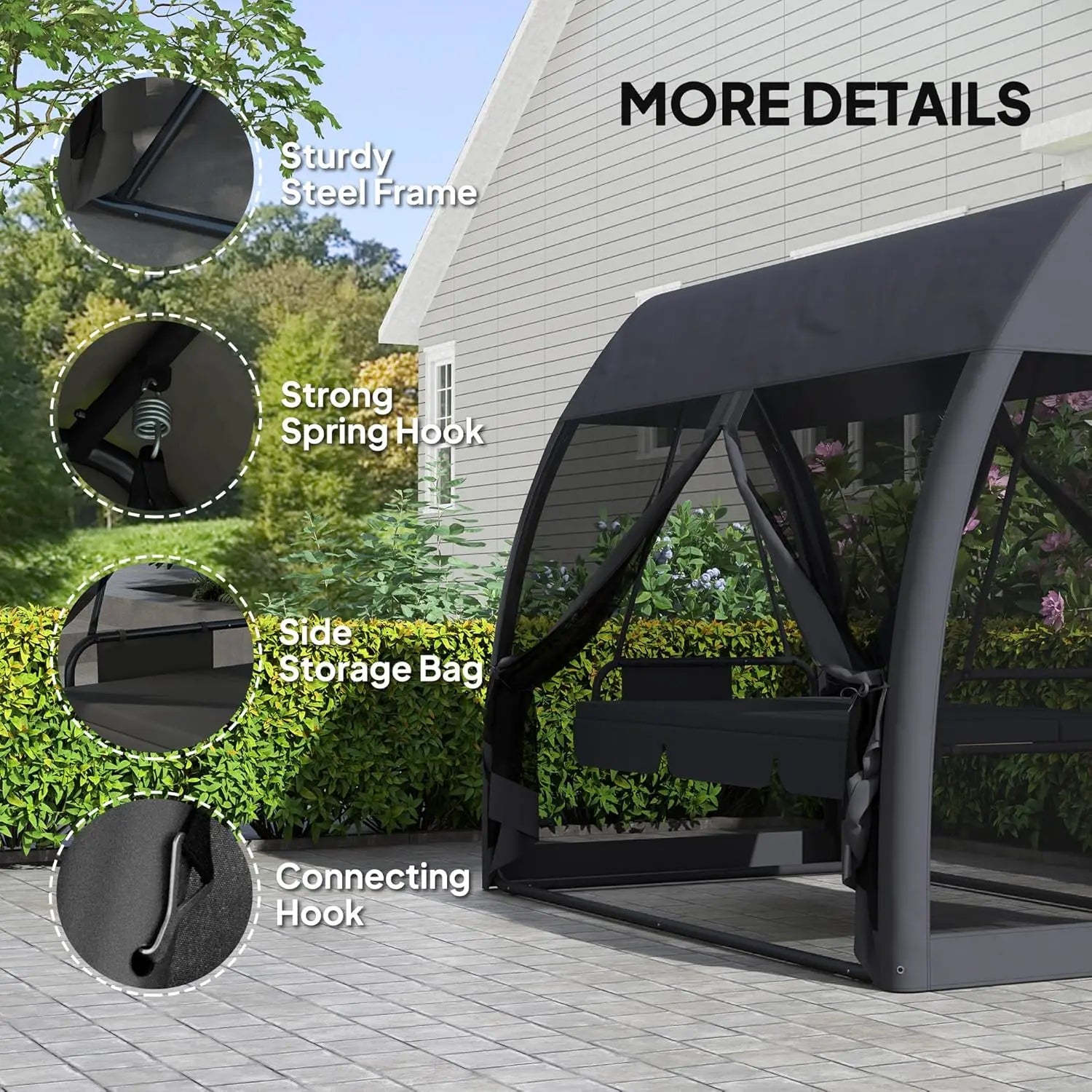 3-Seat Patio Swing Chair, Porch Swing Bed With Convertible Backrest, Cushion, Canopy, Side Pocket & Mesh Netting For Patio,