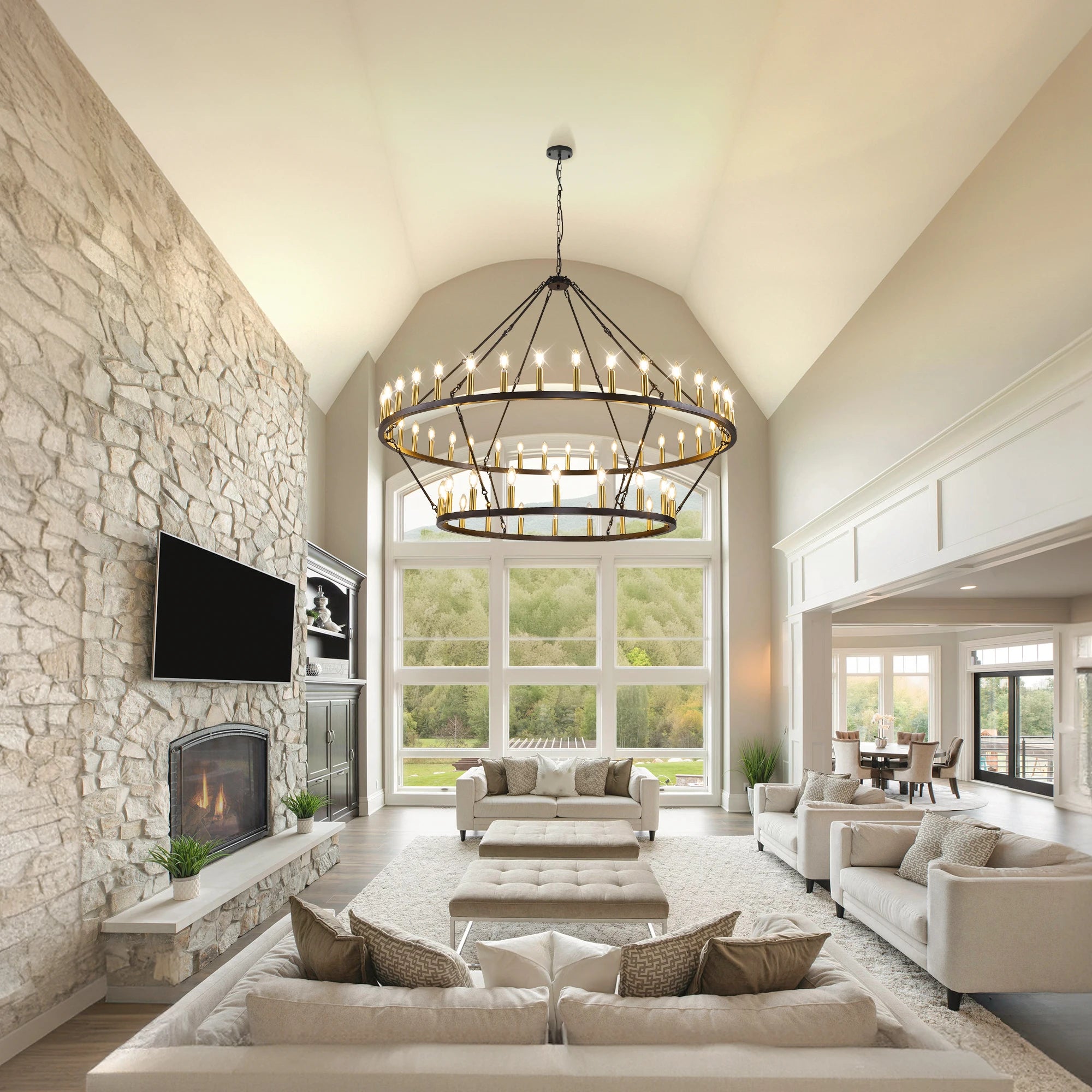 60'' Extra Large Wagon Wheel Chandelier 2 Tier 54-Light Farmhouse Pendant Light Fixture Round  Hanging Lighting for High Ceiling
