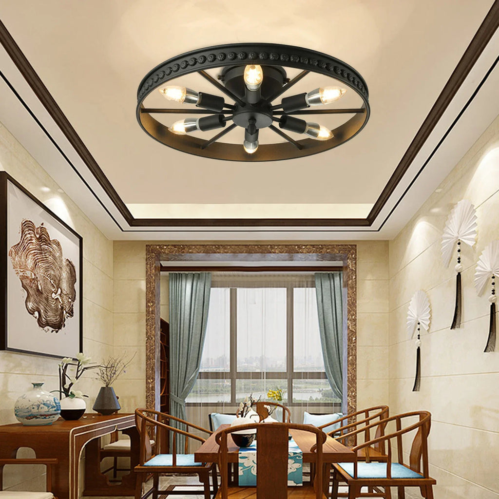 Semi-recessed Industrial Wagon Wheel Chandelier Rustic Ceiling Light Indoor Lighting Fixture With 6 Lamp Holders For Kitchen Bar