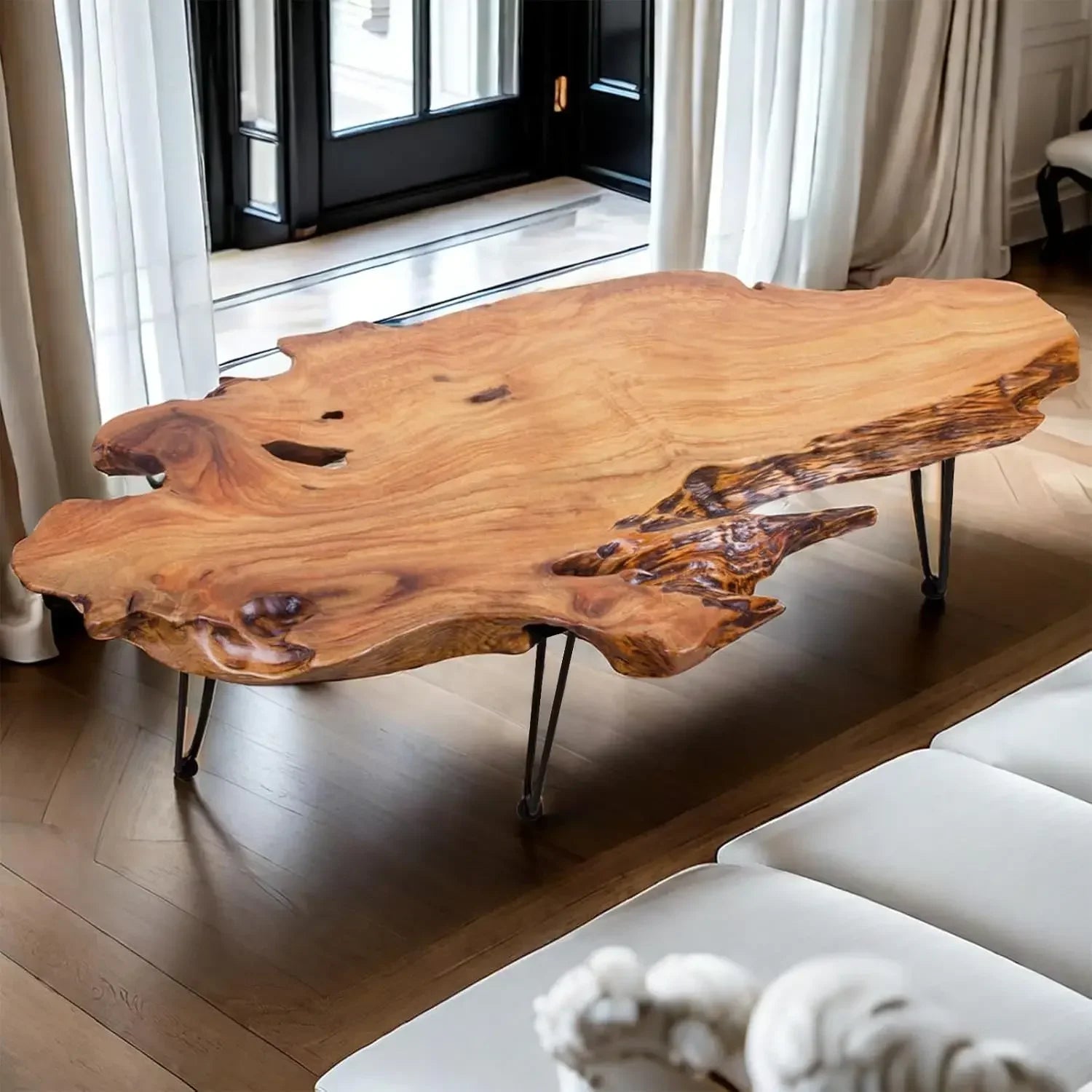 Natural Wood Coffee Table with Clear Lacquer Finish and Metal Hairpin Legs for Living Room - 16" Tall - Mesa de Centro para Sala